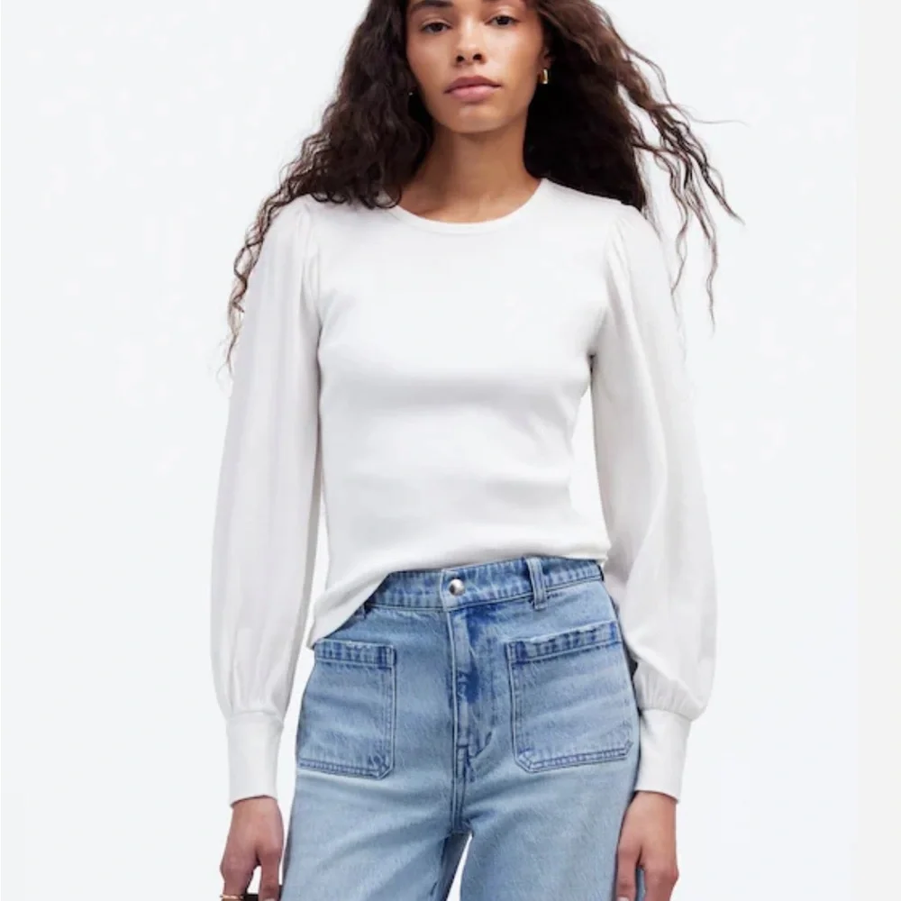 Madewell Ribbed Puff‎ Sleeve Top White Long Sleeve S Cotton